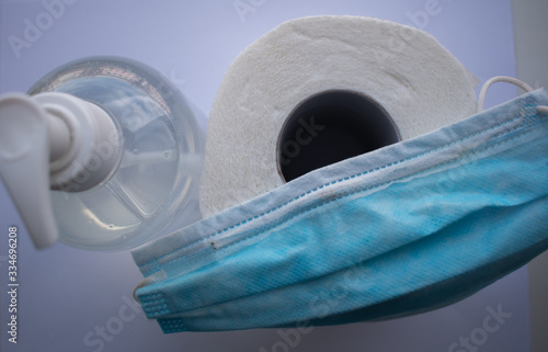 Protective mask, hand soap and toilet paper