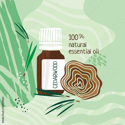 Jar with cedarwood essential oil on an green abstract background. Poster for catalog, invitations, parties and Spa. Color cute cartoon vector illustration