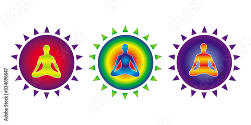 The three silhouette of a yogi in an asana lotus in a colorful circles, symbolizing immunity and aura. Vector art graphic.