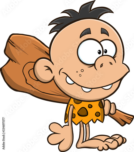 Caveman Kid Cartoon Character With Club. Vector Illustration Isolated On White Background