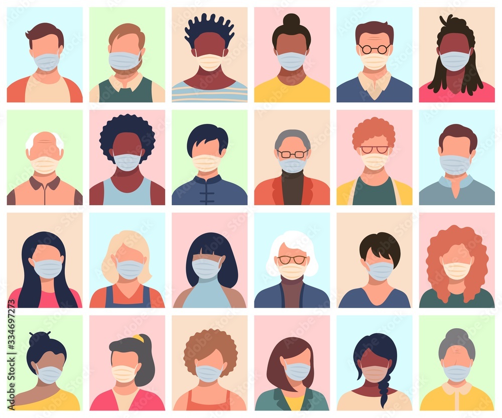 Set of persons, avatars, people heads of different ethnicity and age in protective masks. Men and women in flat style following recommendations for the prevention of coronavirus. Set of persons, avatars, people heads of different ethnicity and age in protective masks. Men and women in flat style following recommendations for the prevention of coronavirus.