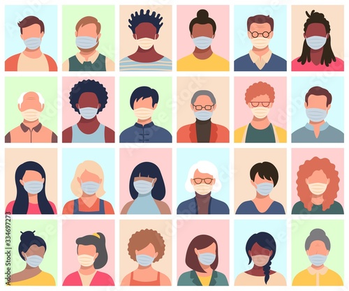 Set of persons, avatars, people heads of different ethnicity and age in protective masks. Men and women in flat style following recommendations for the prevention of coronavirus.