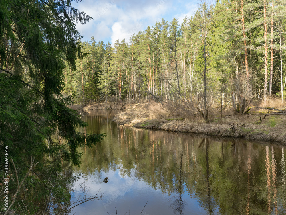 river view in early spring, beautiful cloud reflections in water river view in early spring, beautiful cloud reflections in water