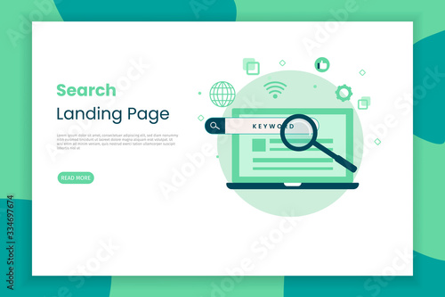 Flat design illustration search landing page. Search using keywords on a laptop. Landing page illustratio