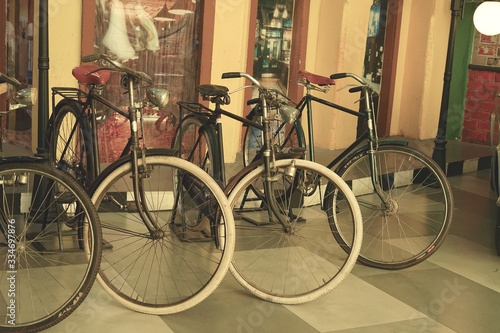 Classic Asian bicycle parking in a row
