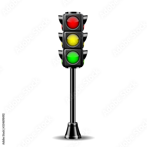 Traffic lights with all three colors on.