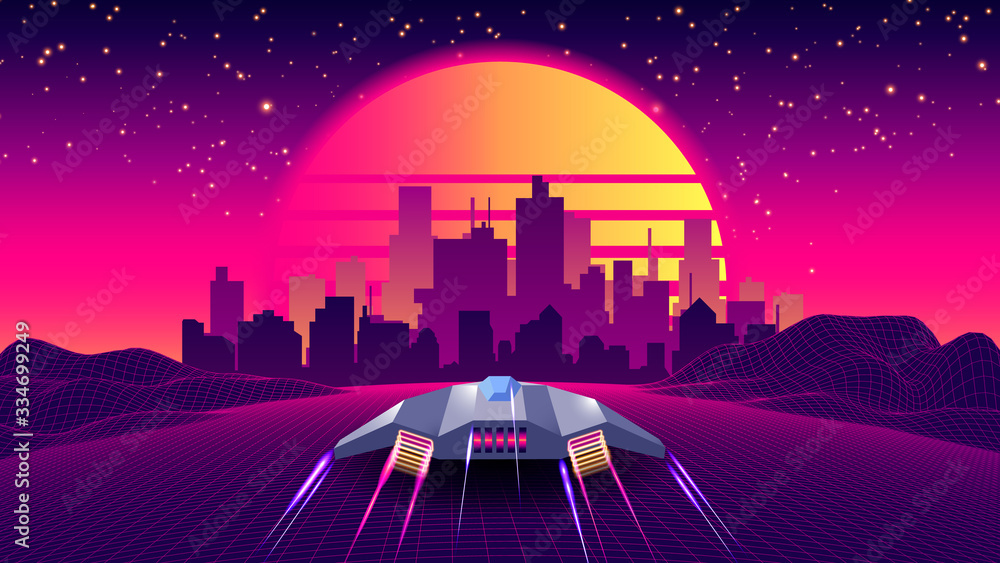 Fototapeta Arcade Space Ship Flying to the Sunset. Retro 80s Fashion Sci-Fi Background Landscape. Digital Retro Cityscape Sci-Fi Summer Landscape with 3D Mountains, 80s Style Synthwave or Retrowave illustration.