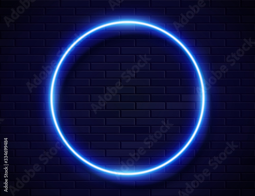 Neon Glowing Circle Blue Frame for Banner on Dark Empty Grunge Brick Background