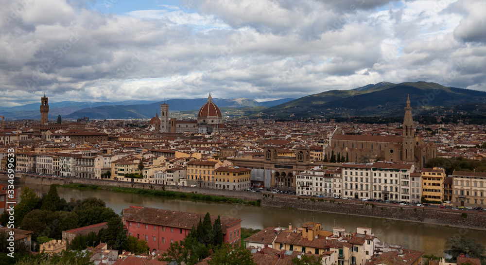 Florence - view at Arno river and old town of Florence. Santa Croce, Florence Cathedral (Duomo di Firenze). Tuscany, Italy.