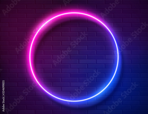 Neon Glowing Circle Frame for Banner on Dark Empty Grunge Brick Background