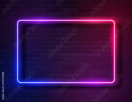 Neon Glowing Rectangle Frame for Banner on Dark Empty Grunge Brick Background