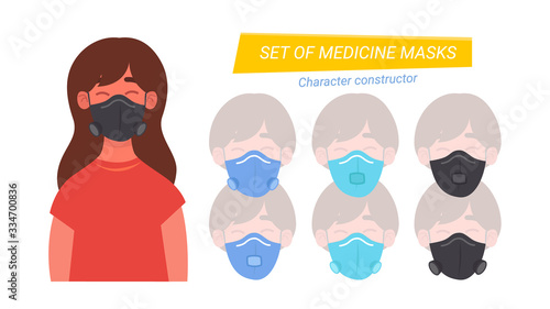Young woman girl wearing medical masks. masks isolated. Banner for epidemy air pollution, disease, flu, contaminated air, world pollution. Isolated cartoon character Vector flat illustration