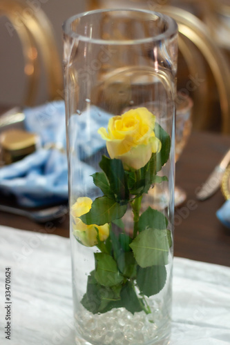 Yellow rose in a glass vase as decoration
