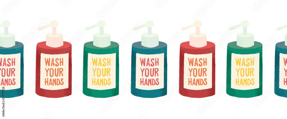 Wash your hands hand soap bottles seamless vector border. Repeating pattern with soap containers with Wash your hands label. Dispenser pump Liquid gel for washing hands. Corona Virus protection Wash your hands hand soap bottles seamless vector border. Repeating pattern with soap containers with Wash your hands label. Dispenser pump Liquid gel for washing hands. Corona Virus protection