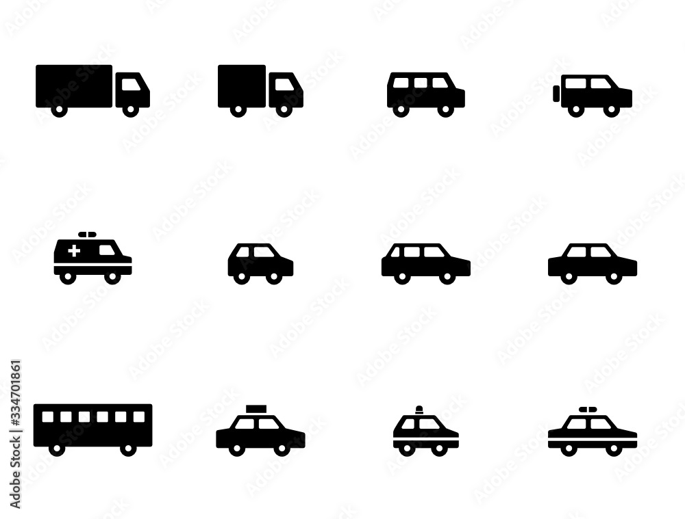 トラック 自動車 救急車 パトカー バス タクシーなどのアイコンのセット 交通や移動に関するシンプルなシルエットのイラスト Stock ベクター Adobe Stock