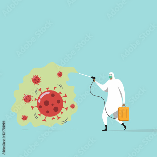 medical worker with full of personal protection equipment getting rid of coronavirus germs by spraying disinfectant COVID-19 virus pathogen, attempt to control disease during outbreak spreading crisis