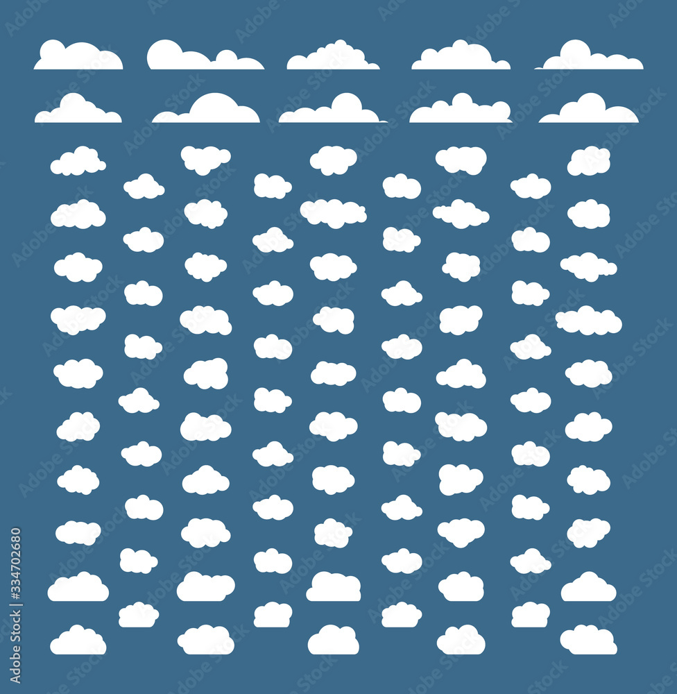 Fototapeta White Clouds. Set of white clouds of different shapes on blue background in the form of the sky. Flat. Vector illustration. Eps10