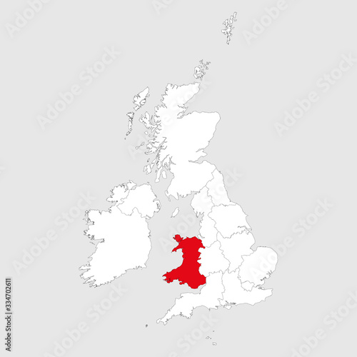 Wales map highlighted red on united kingdom map. Light gray background. Perfect for Business concepts, backgrounds, backdrop, chart, label, sticker, banner and wallpapers.