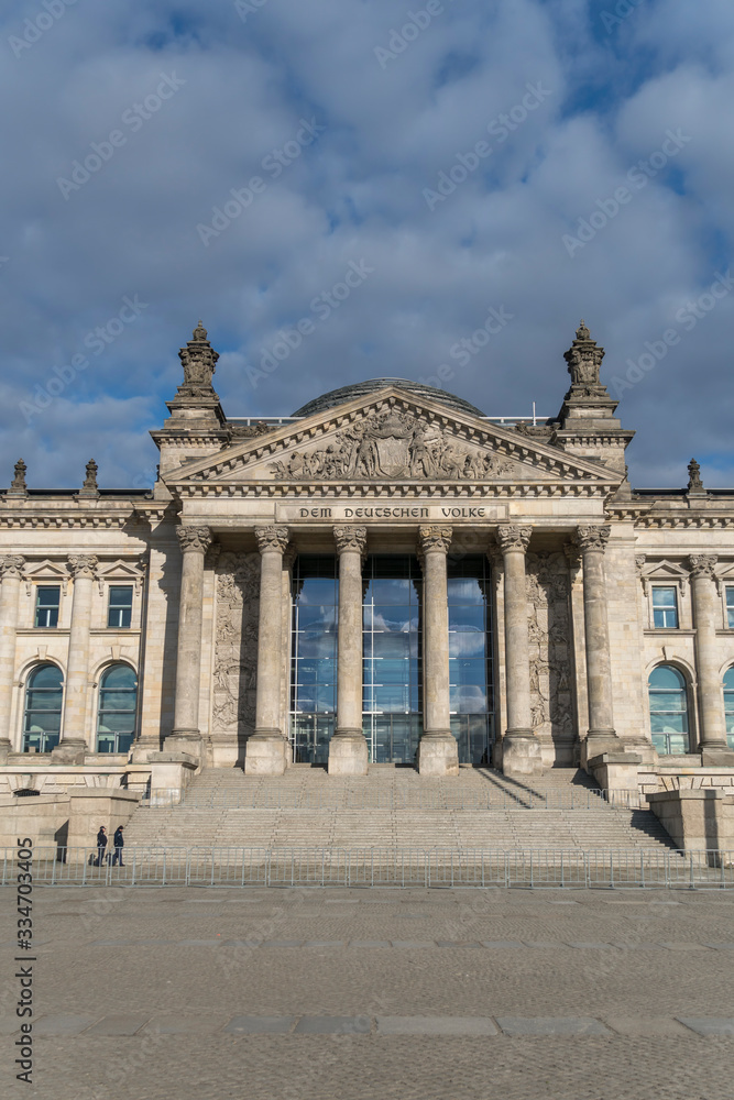 Facade of the Berlin Reichstag building seen from Platz der Republik, the former Königsplatz, during the city's lockdown due to the COVID-19 spreading