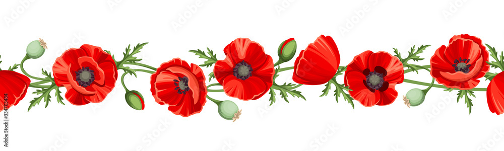 Vector horizontal seamless border with red poppy flowers on a white background. - obrazy, fototapety, plakaty 