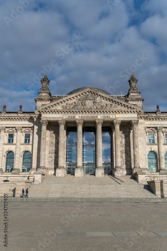 Facade of the Berlin Reichstag building seen from Platz der Republik  the former K  nigsplatz  during the city s lockdown due to the COVID-19 spreading