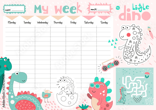 Weekly planner with funny mint dinos in doodle cartoon style. Kids schedule design template. Included mini games - maze, dot to dot, coloring page. Vector illustration.