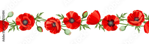 Vector horizontal seamless border with red poppy flowers on a white background.