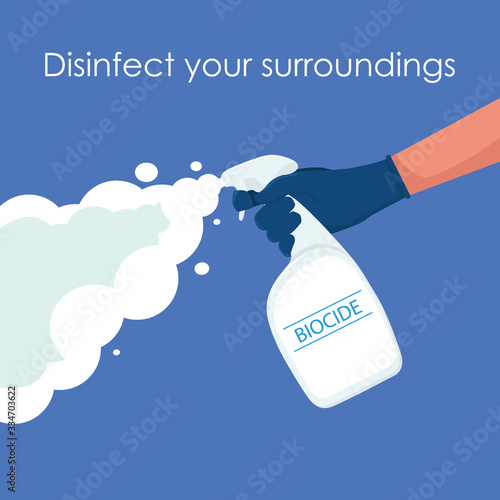 Man with gloves holds bottle of antiseptic spray