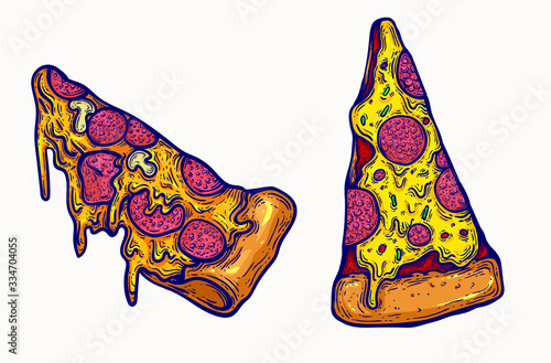 Pizza isolated vector illustration clip art graphic design element. junk food clipart png greasy pizza with dripping cheese, tasty fast food , diet, healthy lifestyle.