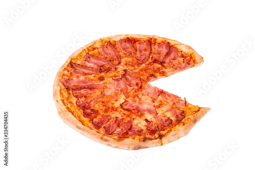Pizza bacon without slice isolate top view ingredient becon and mozarella