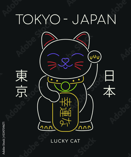 apanese style cat illustration. Fashion graphic for different apparel and T-shirt. Japanese translation: Tokyo, Japan and lucky - vector