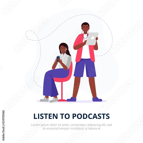 Podcasting illustration. A listener with headphones. A young man and woman study and listens to a podcast. Flat vector characters.