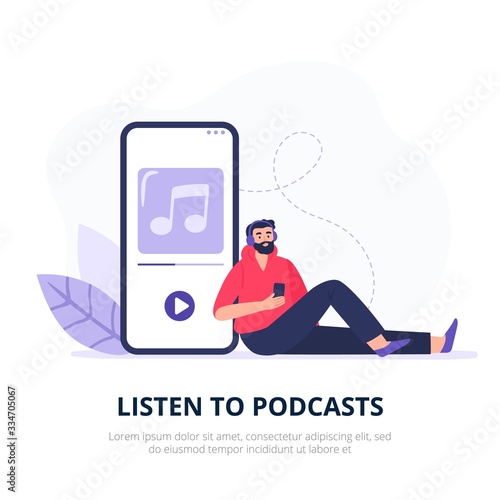 Podcasting illustration. A listener with headphones. A young man studies and listens to a podcast. Flat vector character.