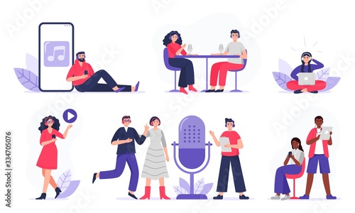 Podcasters and listeners with headphones, radio hosts recording podcasts. Men and women with smartphones studying, listen to podcasts. Flat vector characters isolated on white background.