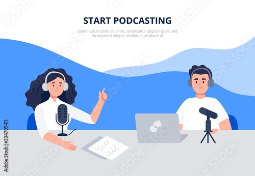 People record a podcast in the studio. A young man in headphones interviewing the woman. Podcasting on the internet, online radio. Flat vector illustration for banner, cover, ad.