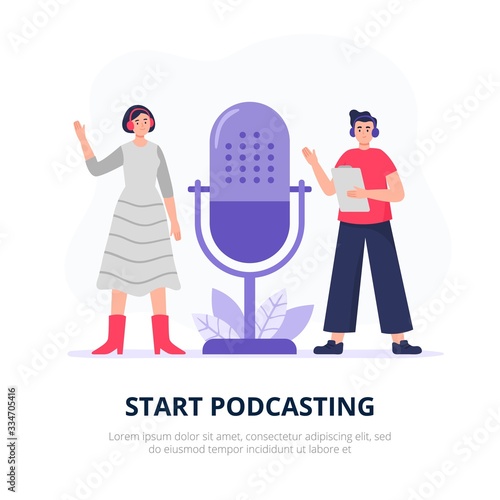 Podcasting illustration. Podcasters with headphones, radio hosts recording podcasts. A young man talks with an invited guest. Flat vector characters.