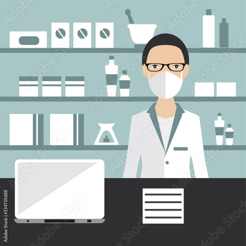 Man pharmacist protecting from covid 19, corona by wearing masks sells medications in pharmacy interior. Flat vector illustration.