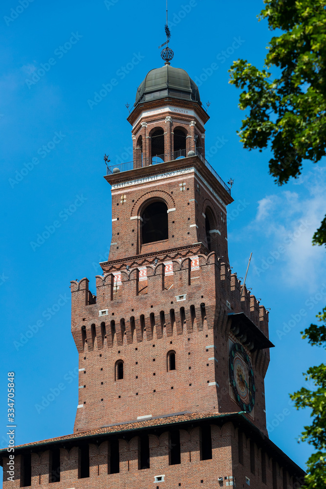 Elements of the architecture of the ancient Castle of Sforza in Milan Italy. 
