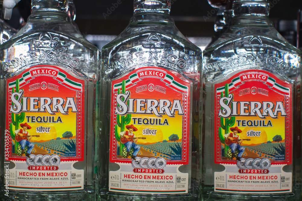 Tyumen, Russia-November 05, 2019: Bottle of Mexican Tequila Sierra Silver.  One of the best-selling tequilas in the world. on the shelves of the  hypermarket metro cash and carry Stock Photo | Adobe