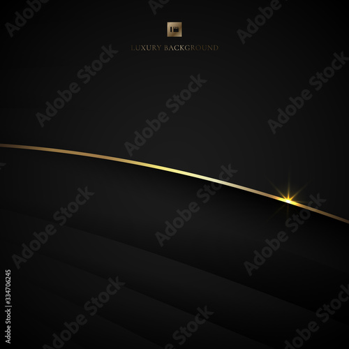 Abstract black stripe layer curved and gold bend line with lighting effect on dark background