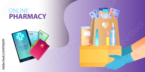 Vector online pharmacy concept with smartphone, wallet, payment cards, paper bag, ampules, pills, blisters, bottles, hands in gloves. Contactless medicine delivery concept in flat style