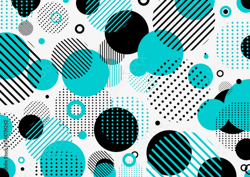 Abstract retro 80s-90s pattern blue and black geometric circles, line, dot on white background.