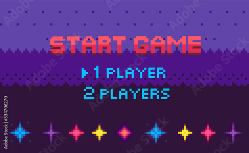 Start game, choose player, space pixel game in purple color decorated by stars, screen of war video-game with wye sign, shine element, adventure vector