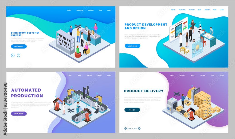 Set of pictures with automated production and product development. People working on engineering process, controlling it and logistics. Vector illustration of manufacturing website in flat style