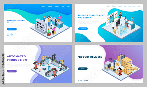 Set of pictures with automated production and product development. People working on engineering process, controlling it and logistics. Vector illustration of manufacturing website in flat style