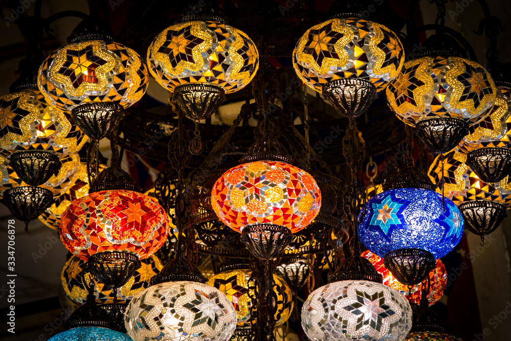 Traditional Turkish lanterns made of colored glass 