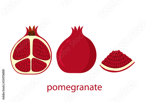 Set of whole pomegranate fruit, his lads, piece of pomegranate, isolated on white background. Vector flat illustration.