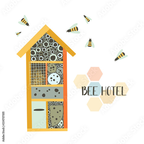 Bee hotel. Wood house with compartments and natural components. House in garden for insect. Flat vector illustration. Perfect for poster, print