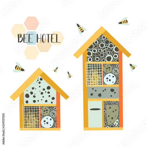 Bee hotel. Wood house with compartments and natural components. House in garden for insect. Flat vector illustration. Perfect for poster, print