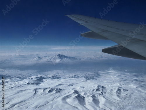 flight over mount Ararat. airplane window view